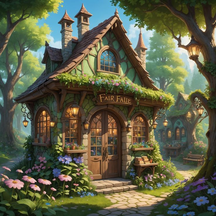 a painting of a fairy tale house surrounded by trees and flowers with lights on the windows