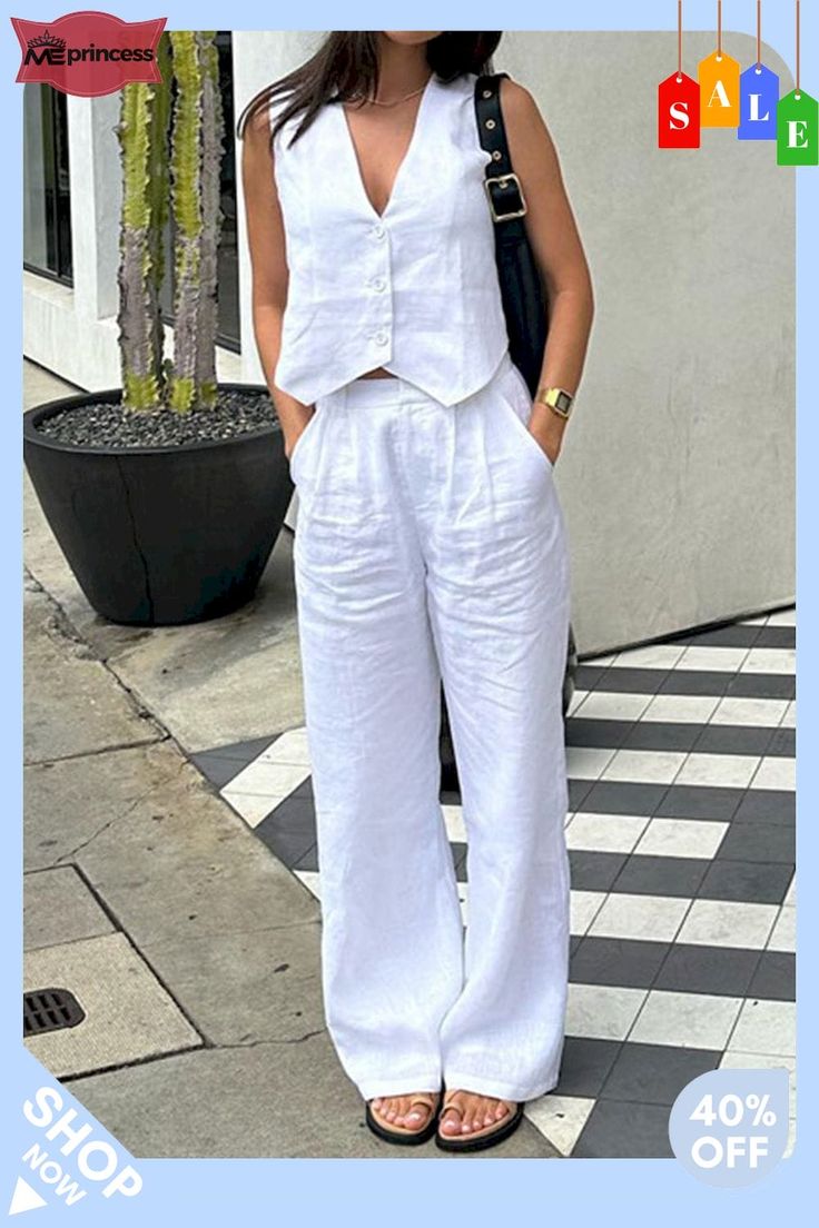 Casual Simplicity Solid Buckle V Neck Sleeveless Two Pieces Luxury Straight Leg Summer Pants, Linen Pants And Top Set, Luxury Versatile Spring Pants, Chic Elastane Pants, Luxury Linen Summer Dress Pants, Trendy Spring Work Pants, Luxury Cotton Pants For Everyday, Luxury Chic Linen Pants, Little White Crop With Pants