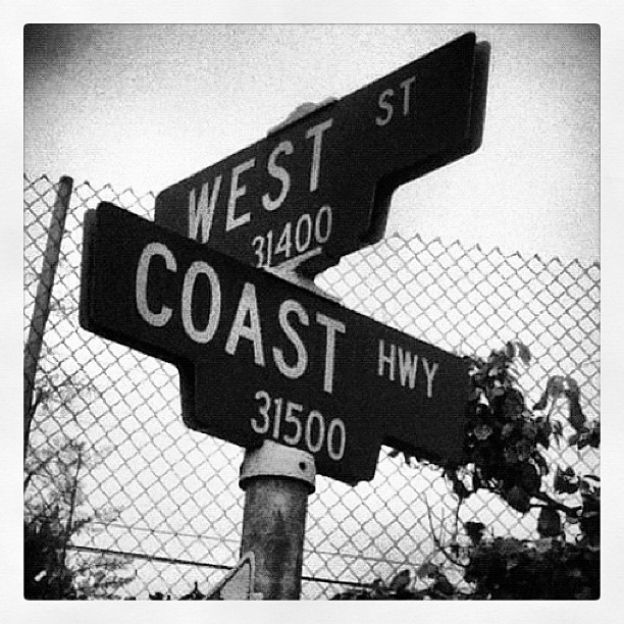 black and white photograph of street signs in front of a chain link fence with trees