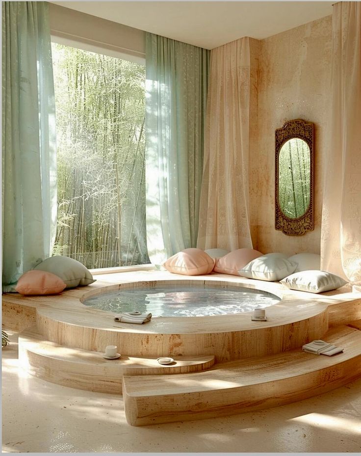 a spa tub in the middle of a room with curtains and pillows on the windowsill