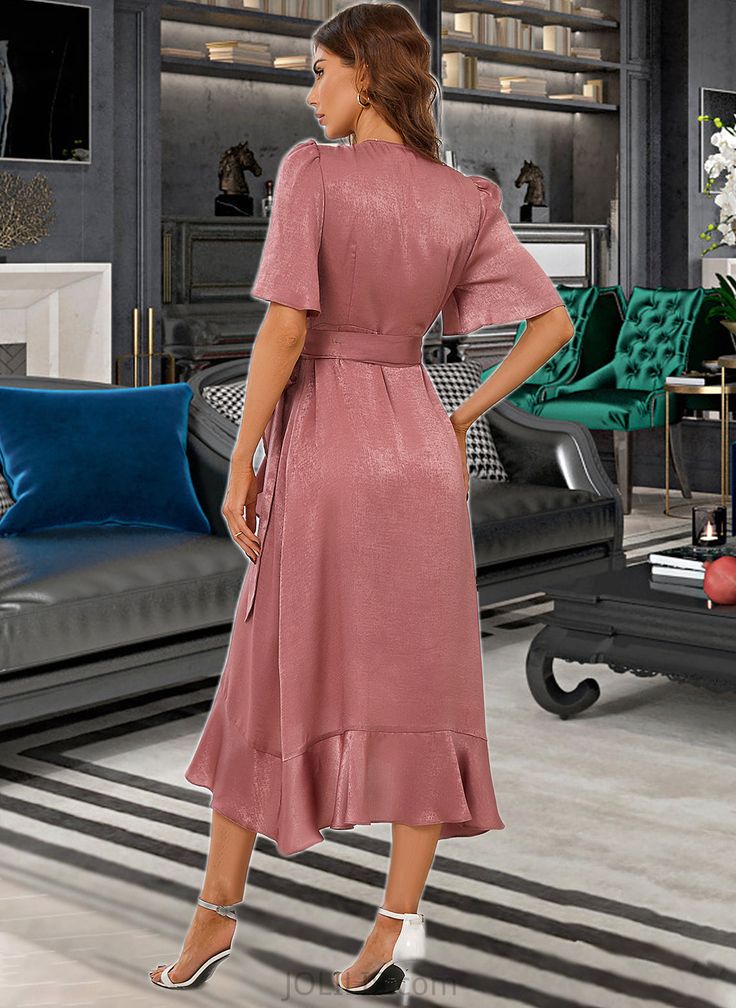 Gwendolyn V-Neck Short Sleeves Elegant A-line Satin Asymmetrical Dresses UKP0016773 Length:: Asymmetrical Neckline:: V-Neck Sleeve:: ShortSleeves Silhouette:: A-line Fabric:: Satin Season:: Spring,Fall,Summer Straps:: Sleeves Model'sDressSize:: AlexkS Height:: 5.64ft Bust:: 33.5in Waist:: 23.6in Hips:: 35.4in This dress could be custom made, there are no extra cost to do custom size and color. Feminine A-line Midi Dress With Ruffle Hem, V-neck Wrap Dress With Ruffle Hem For Party, Elegant A-line High Low Dress For Spring, Elegant A-line V-neck Dress, Fitted V-neck Asymmetrical Dress For Fall, Chic Flowy Knee-length Wrap Dress, Chic Asymmetrical Belted Midi Dress, Belted Midi Dress With V-neck, Solid Color Belted V-neck Midi Dress