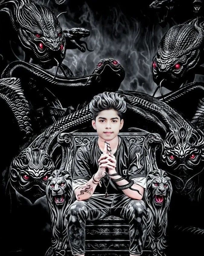 a man sitting on top of a chair in front of two demonic creatures behind him