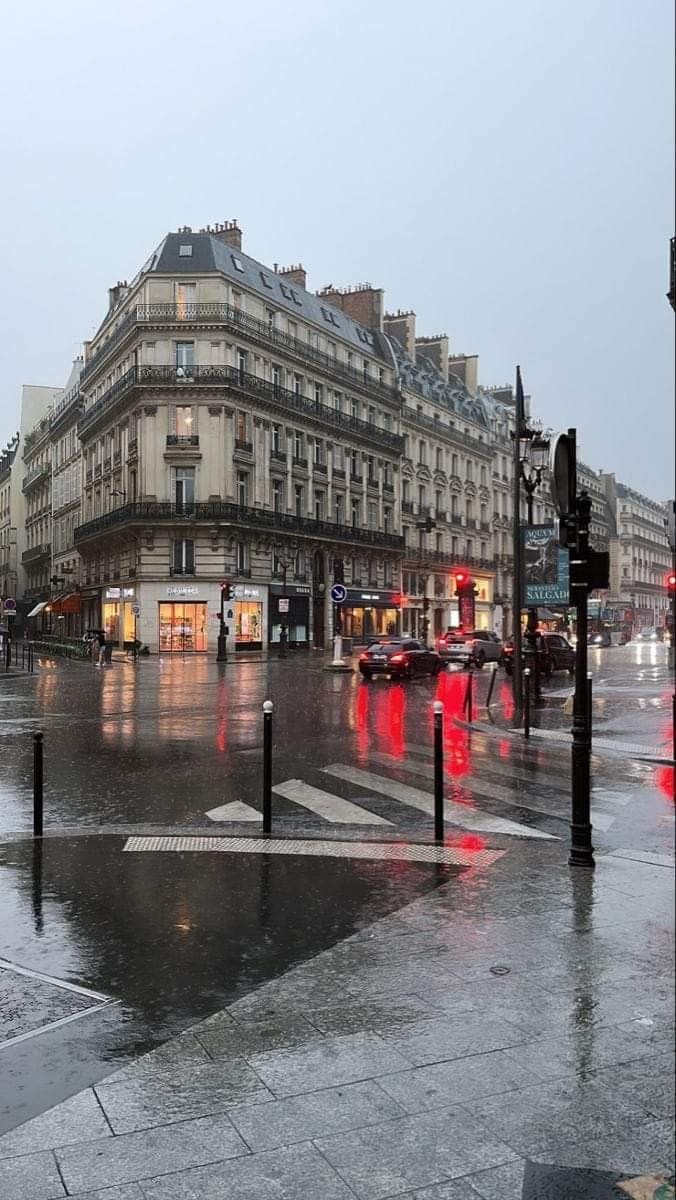 a wet city street with traffic lights and buildings