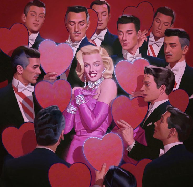 a woman in a pink dress surrounded by men holding red heart shaped cutouts