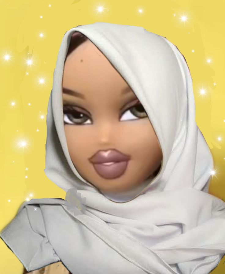 a doll wearing a white head scarf with her eyes closed and lips wide open in front of a yellow background