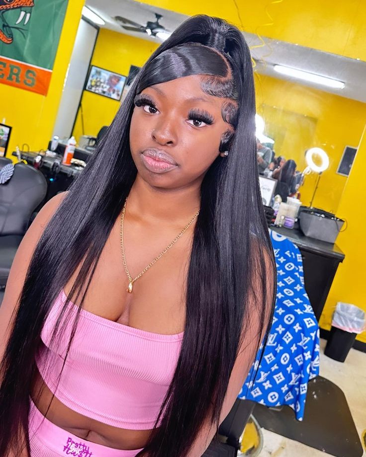 Half Up And Half Down Wig Hairstyles, Half Up Half Down Wig With Swoop, Half Up Down Straight Hair, Half Up Half Down Frontal Hairstyles, Wig Install Half Up Half Down, Half Up Half Down Swoop Straight Hair, Swoop With Half Up Half Down, Half Up Half Down Swoop Wig, Half Up Half Down Wig Style