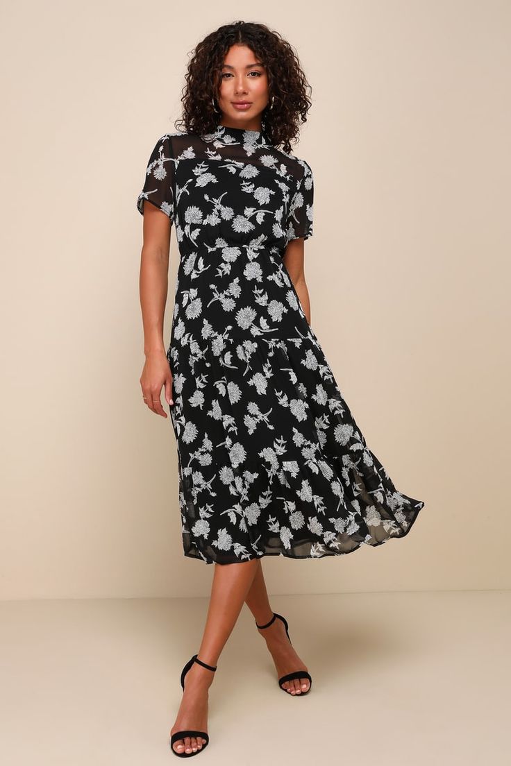 Black Floral Print Dress - Black Midi Dress - Short Sleeve Dress - Lulus Black Knee-length Floral Dress For Garden Party, Black Floral Print Chiffon Midi Dress, Black Chiffon Midi Dress With Floral Print, Elegant Black Floral Maxi Dress, Black Chiffon Midi Dress For Spring, Black Chiffon Midi Dress With Short Sleeves, Black Floral Dress For Summer Evenings, Fitted Black Floral Maxi Dress, Chic Black Midi Dress For Garden Party