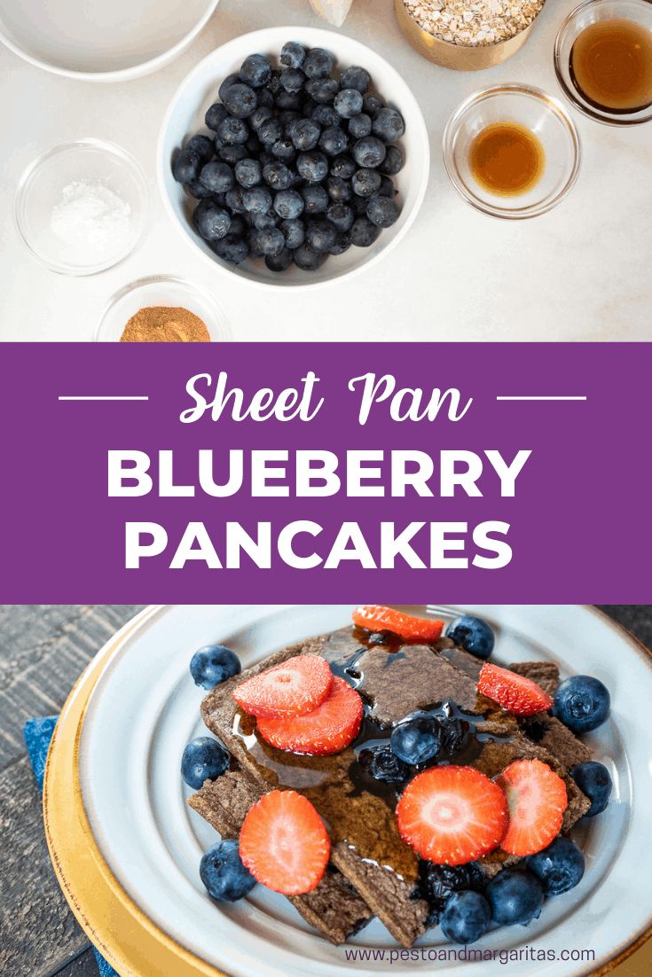 blueberry pancakes with strawberries on top and other breakfast foods