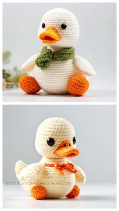 crocheted stuffed duck with green scarf and bow tie sitting on white surface, side by side