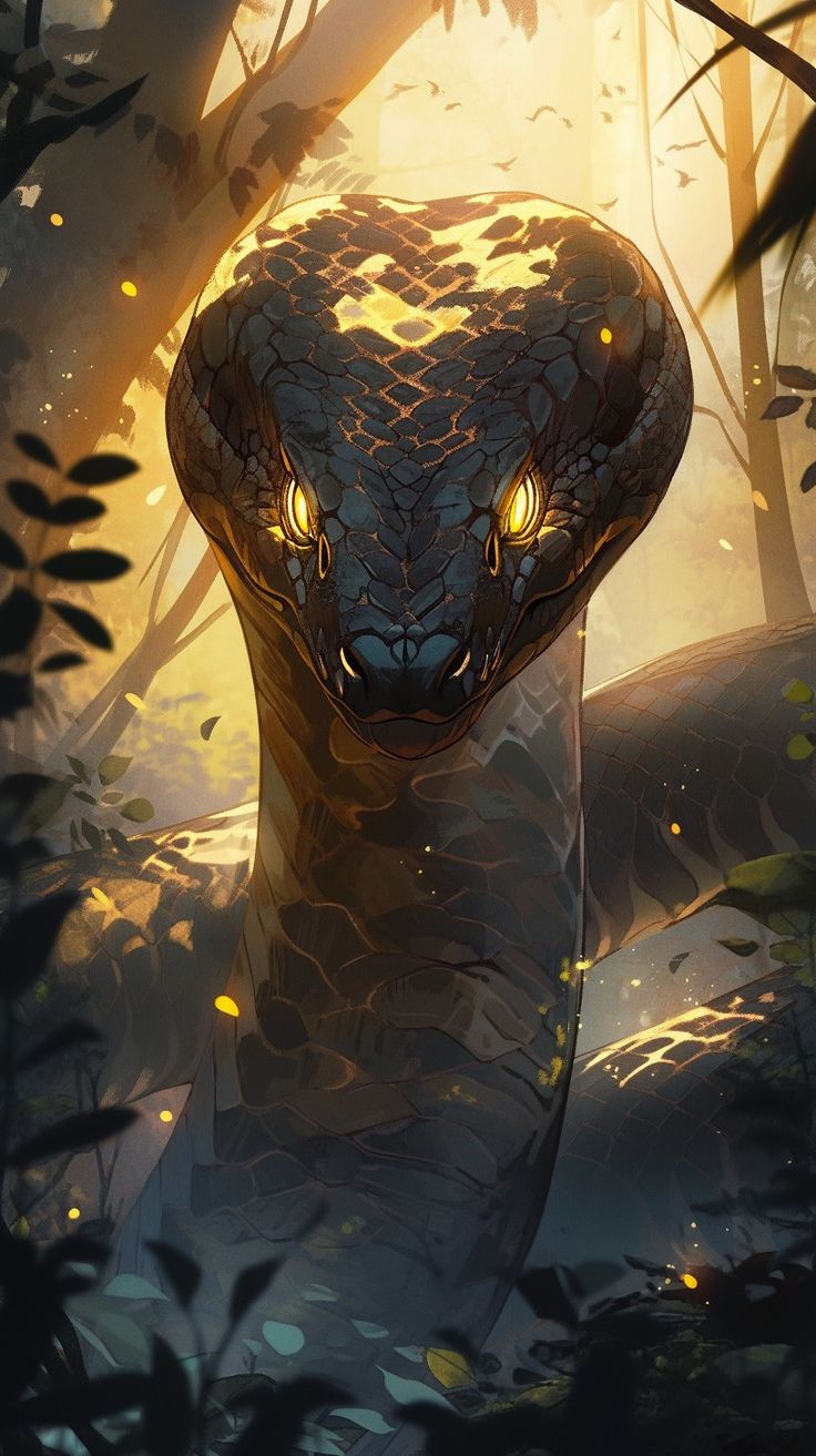 a large snake with glowing eyes in the woods