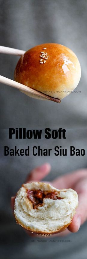 a person holding a piece of bread in their hand with the words pillow soft baked chai su bao on it