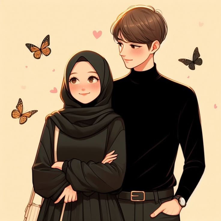 two people standing next to each other with butterflies in the background and one person wearing a hijab