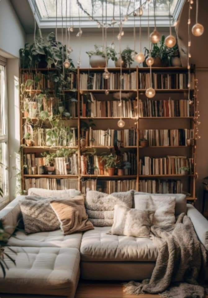 a living room filled with lots of books and plants