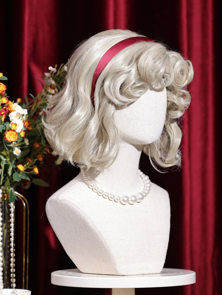 This wig exudes the essence of Marilyn Monroe with its short, wavy curls and voluminous bangs. It offers a luxurious and elegant look without any limpness. The wig replicates natural European hair colors, creating a Broadway-inspired American sweetheart vibe with a full retro feel.  The price includes one wig only. Short Hair Victorian Style, Cool Wigs For Women, Bottom Hair Curls, 50s Hair Women, Wavy Elegant Hairstyles, Kawaii Wigs Short, Hairstyles With Short Hair And Bangs, Short Blonde Curly Hair With Bangs, Hoco Hair For Short Hair