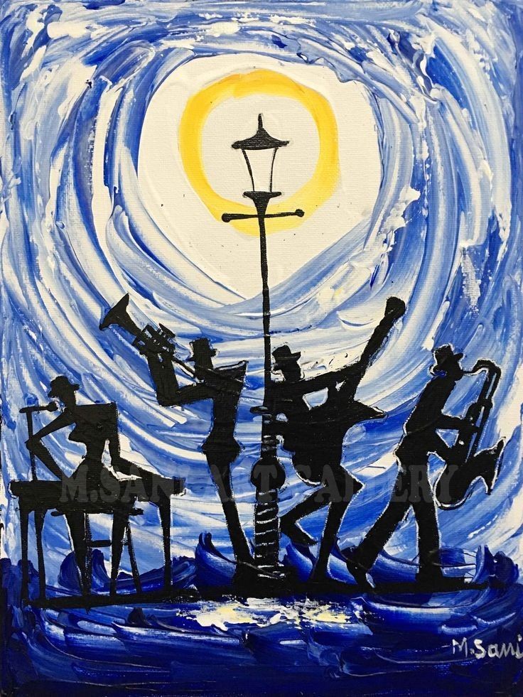 an acrylic painting of people playing instruments in front of a street light at night