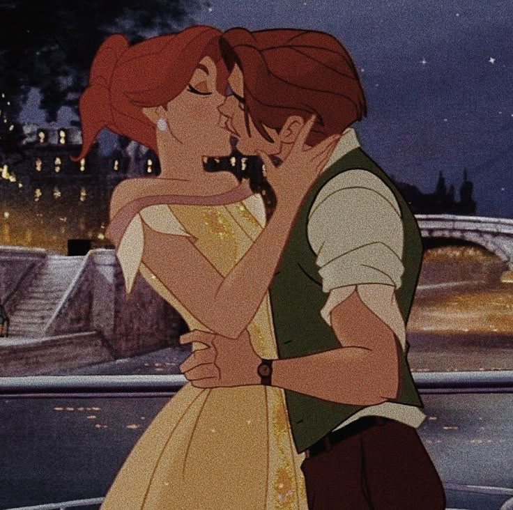 the princess and the frog are kissing in front of a river at night with lights on