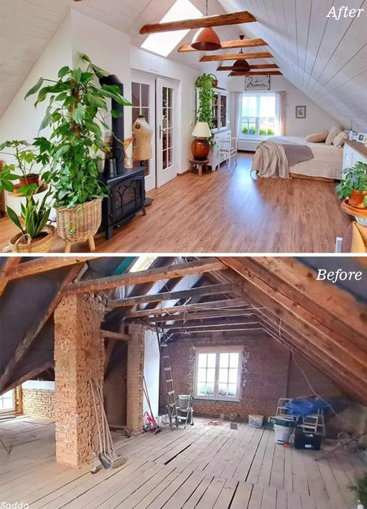 before and after pictures of an attic with wood flooring, exposed rafters, and painted walls