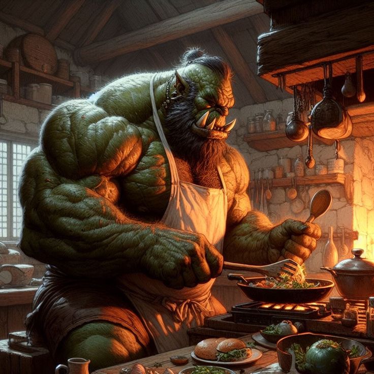 an animated image of a man cooking in a kitchen with a giant monster next to him