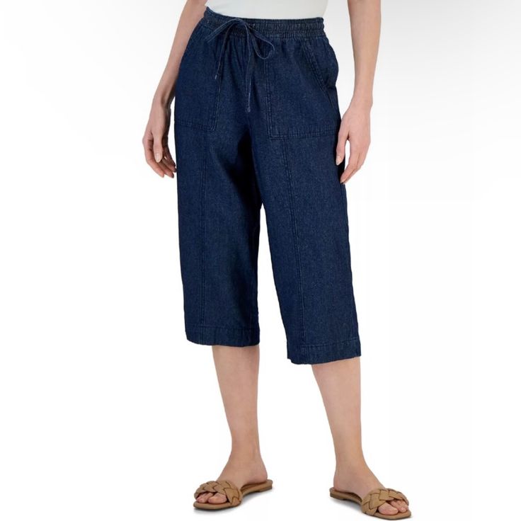 Brand New Petite Large Karen Scott Quinn Capri Pants Twilight Wash Blue Cotton With Tag Blue Sweatpants, Pleated Jacket, Classic Pants, Crochet Halter Tops, Petite Pants, Levi Jeans 501, Karen Scott, Pleated Shorts, Fleece Pants