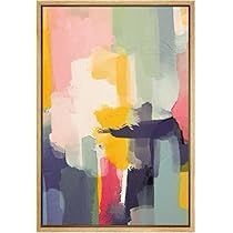 an abstract painting with multicolored lines and shapes in gold frame on white wall