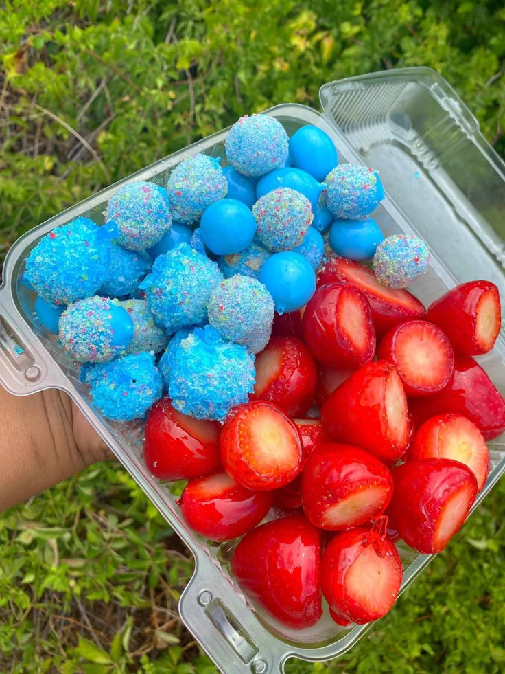 a plastic container filled with blue and red desserts on top of green grass next to trees