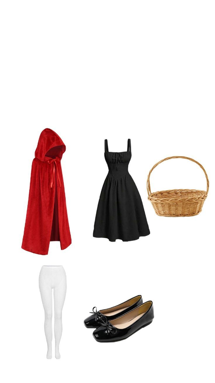 three different types of clothes and shoes on display in a white background, including a black dress with red hoodie