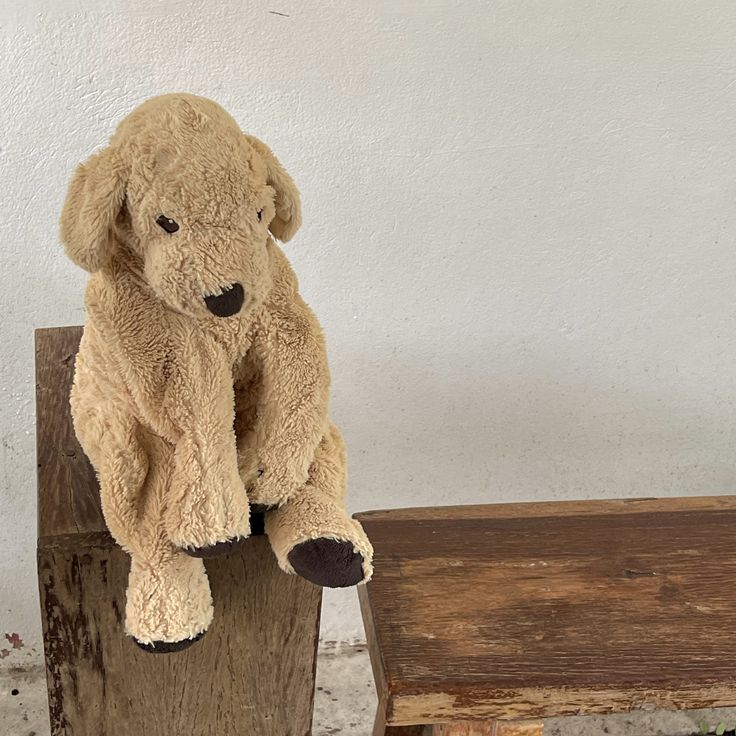 a teddy bear sitting on top of a wooden post in front of a white wall