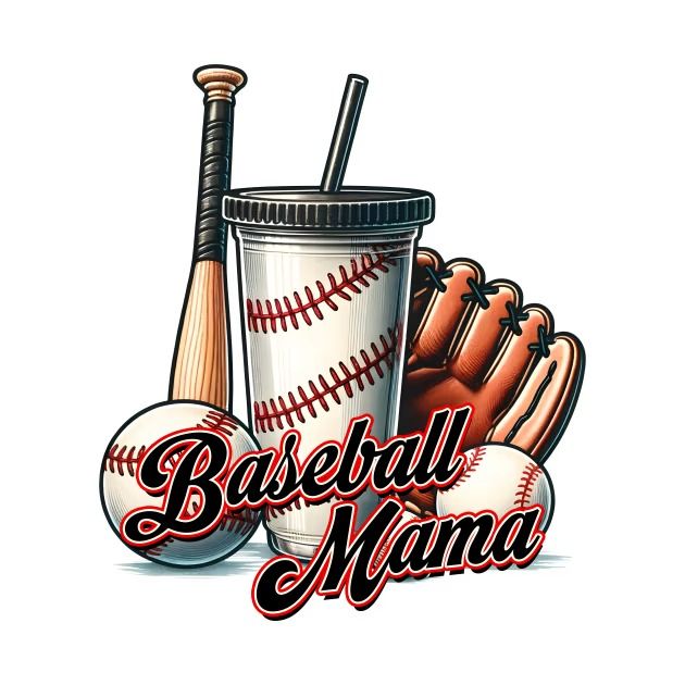 the baseball mama logo is next to a cup with a bat and glove on it