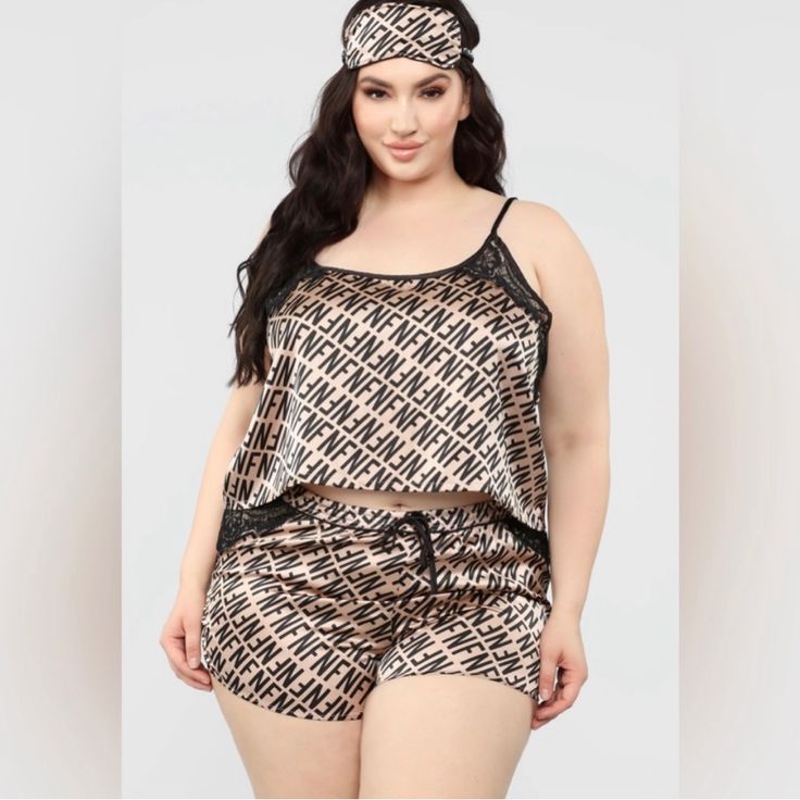 Fashion Nova Women My Fn Pajama 3 Piece Set Satin Cami & Shorts Plus Size 3x Nwt Fashion Nova Women's My Fn Pajama 3 Piece Set Plus Size: 3x 3 Piece Pj Set Satin Cami With Lace Inserts Elastic/Tie Waist Short Mask Included Monogram Print 100% Polyester Tags: Plus Size, Full Figure, Curvy, Pjs, Sleepwear, Shorts, Cami, Satin, Comfy, Sexy Cute Bed Time Outfits, Fits Plus Size, Super High Waisted Jeans, Pink Cargo Pants, Cute Bed, Plus Size Cute, Set Plus Size, Plus Size Sleepwear, Sleepwear Fashion