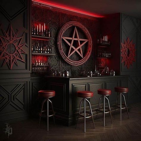 a bar with red lights and stools in front of an inverted pentagram star on the wall