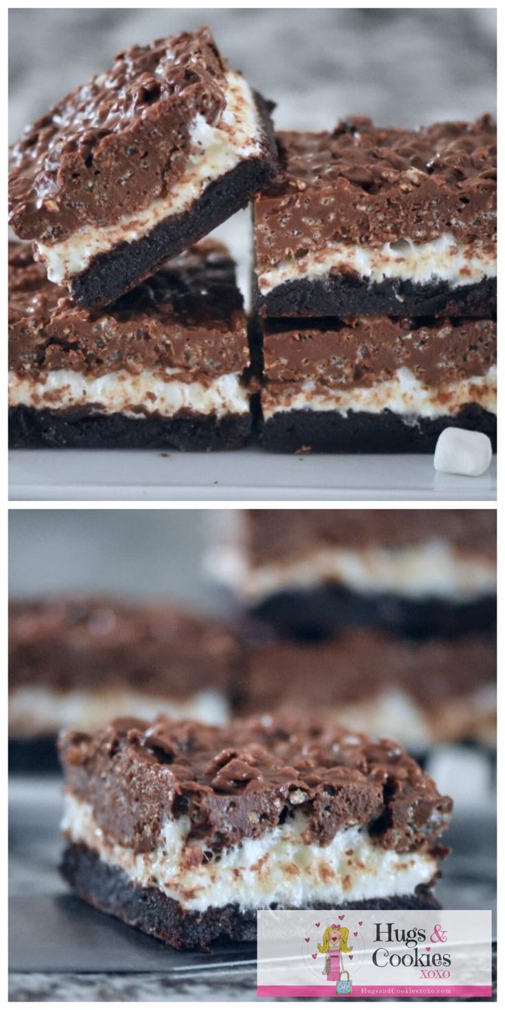 three different views of chocolate and marshmallow ice cream bars on a baking sheet