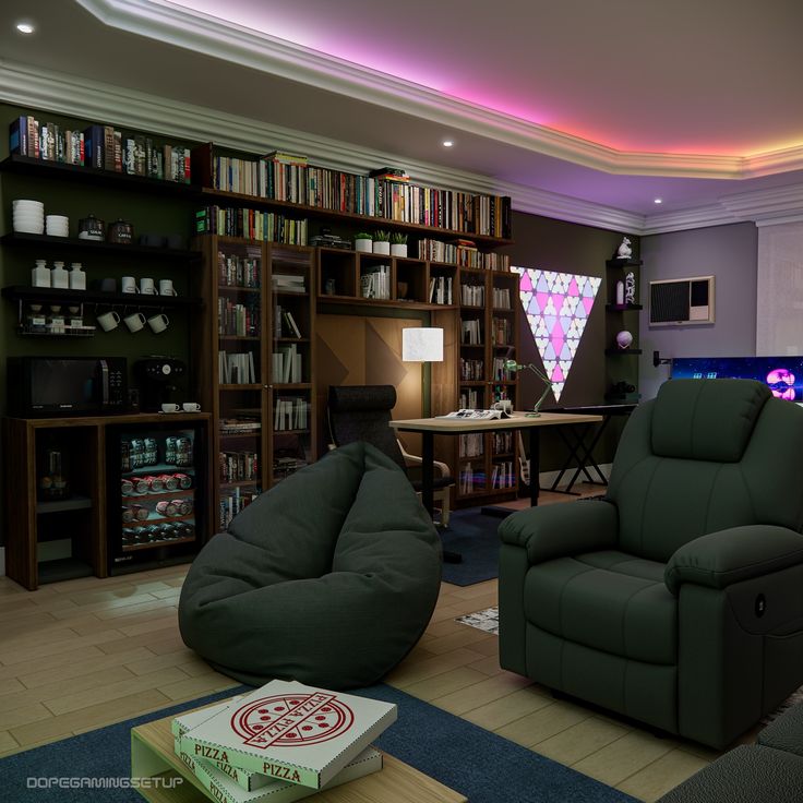 a living room filled with furniture and bookshelves