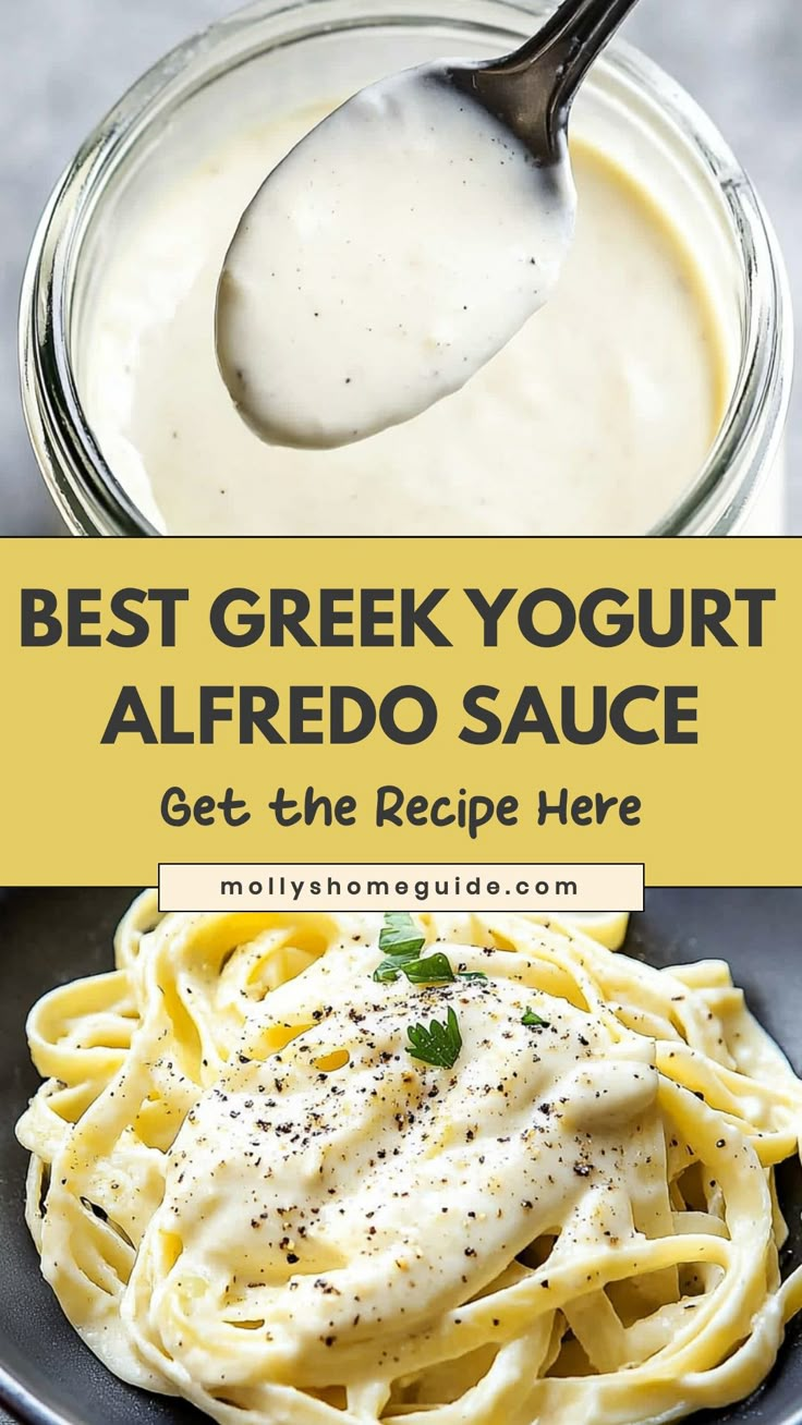 the best greek yogurt alfredo sauce is in a glass jar with a spoon