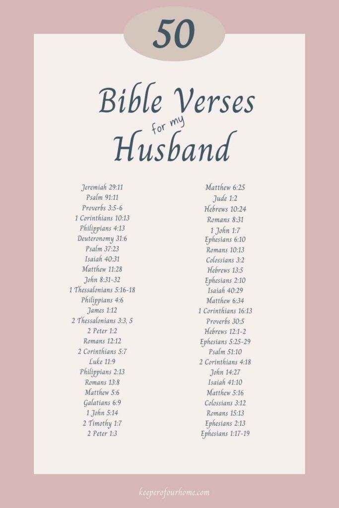 the 50 bible verses for husband on pink and white background with text overlay