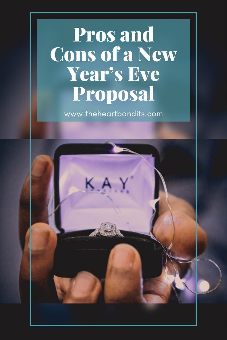 a person holding an engagement ring with the words pros and cons of a new year's eve proposal