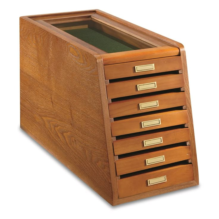 a wooden file cabinet with five drawers