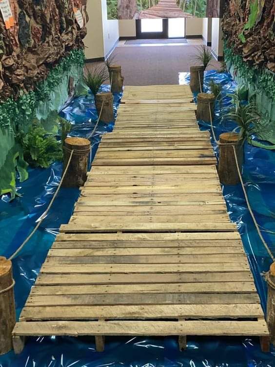 Jungle Bible School Theme, Island Getaway Prom Theme, Lagoon Decorations, Jungle Safari Vbs Decorations, Beach Stage Decor, Life Way Vbs 2024, Jungle Prom Theme, Treasure Island Decorations, Jungle Cruise Boat Diy