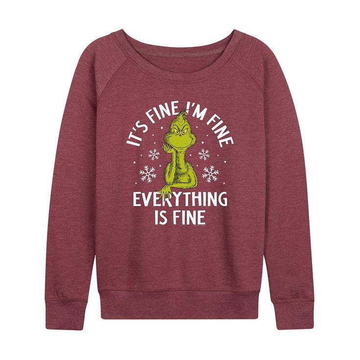 She will love showing off her style with this Women's Dr. Seuss Grinch It's Fine I'm Fine French Terry Long Sleeve Tee.FEATURES Long sleeves ScoopneckFABRIC & CARE Cotton/Polyester, French Terry Machine wash Imported Size: Small. Color: Heather Dark Red. Gender: female. Age Group: adult. Tshirts Ideas, Dr Seuss Grinch, I'm Fine, Sensory Bins, How To Show Love, Dr Seuss, Shirt Sale, Teacher Shirts, Wonderful Time