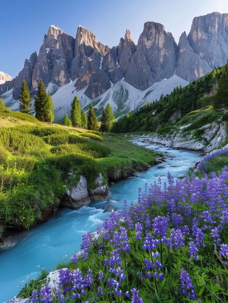 the mountains are covered with snow and blue flowers in the foreground, along with a river running through it