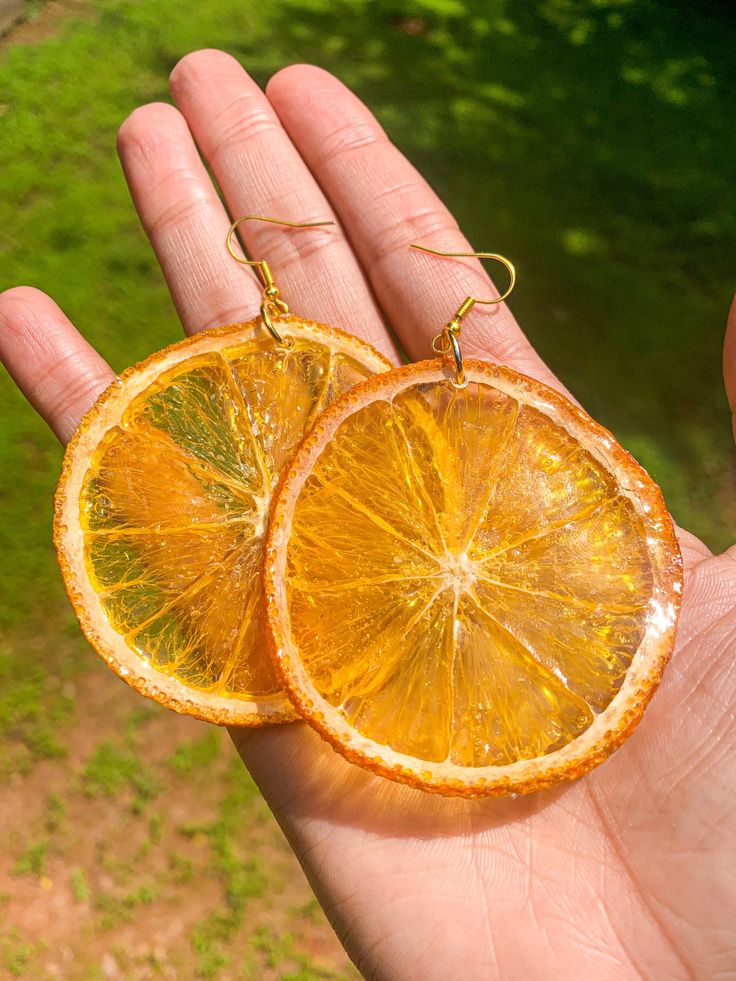 Orange Fruit Earrings. Made with real dried fruit. Not suitable to eat! Preserved forever. Wearable Fruit! Orange Fruit Earrings, Orange Fruit Clothes, Orange Jewelry Aesthetic, Orange Fruit Outfit, Fruit Dresses, Fruit Outfits, Fruit Outfit, Fruitful Fashion, Fruit Accessories