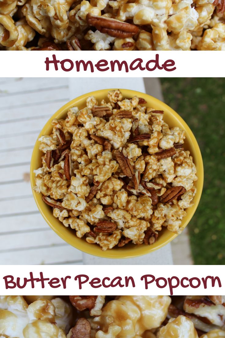 two pictures with different types of popcorn in them and the words, homemade butter pecan popcorn