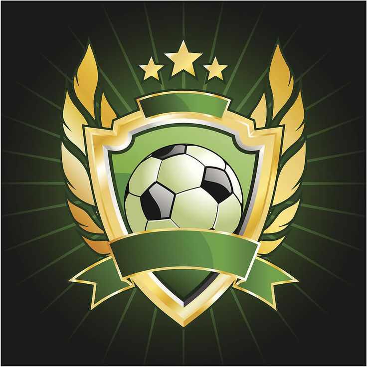 a soccer ball in the middle of a shield with stars and ribbons around it on a green background