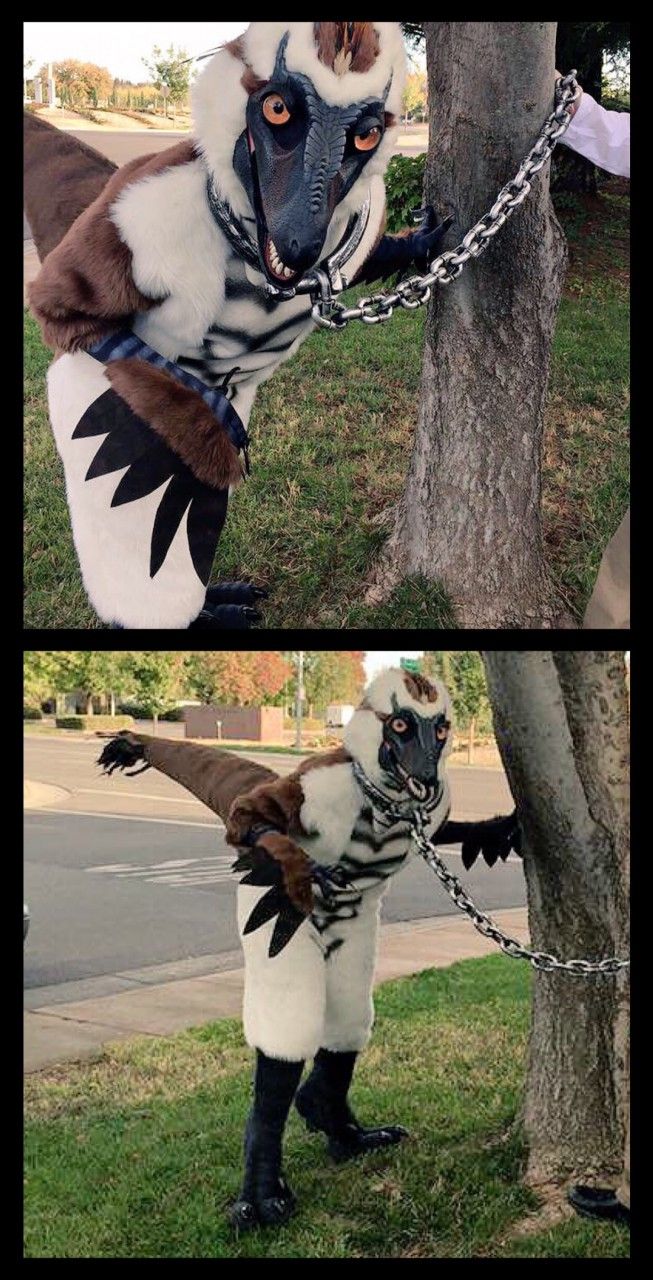 two pictures of a person dressed as a bird with chains attached to it's neck