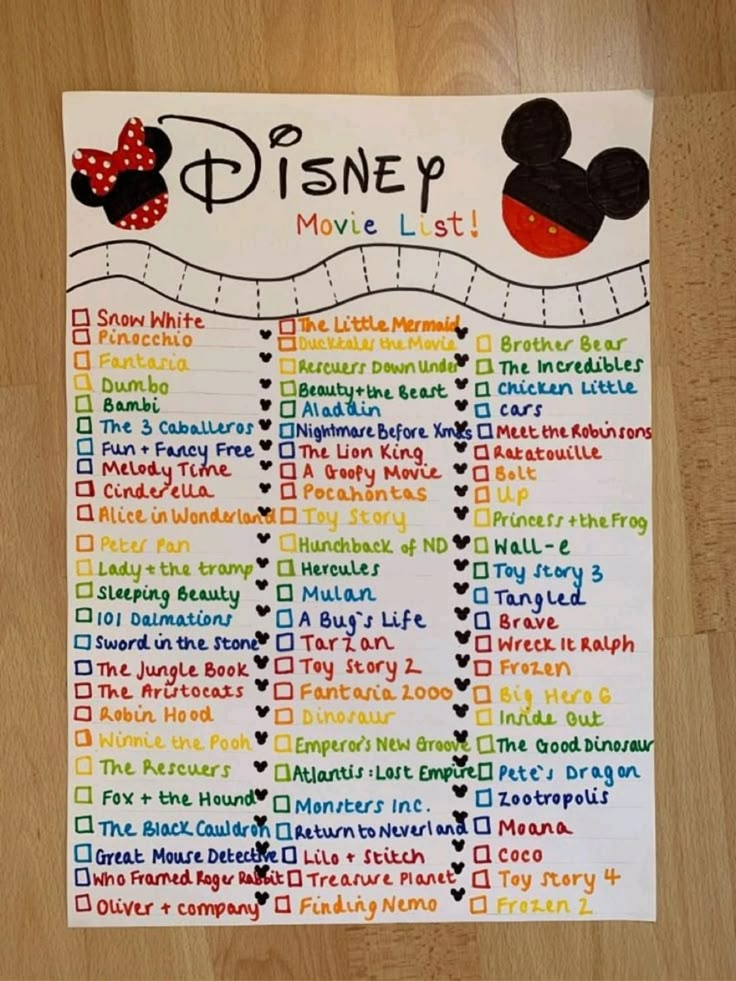 a mickey mouse movie list on a wooden floor with the words disney written in it