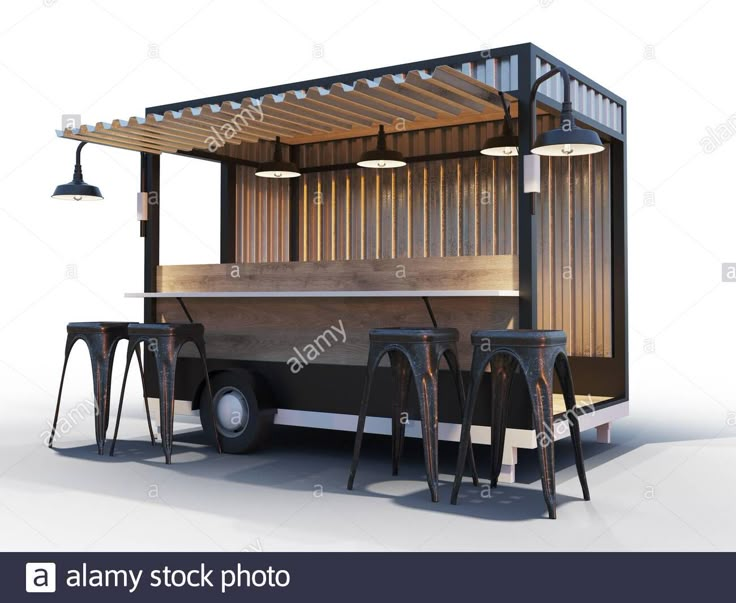 an outdoor food truck with tables and stools on the side, in front of a white background