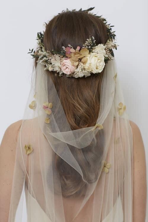 a woman wearing a veil with flowers on her head