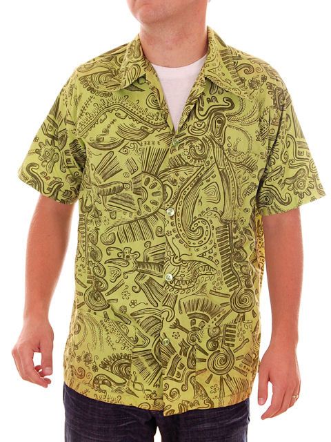 Vintage Mens Shirt Hawaiian Style Tribal Print Green 1970s Med Casual Green Shirt With Retro Print, Casual Green Shirt With Vintage Print, Green Casual Short Sleeve Shirt With Graphic Print, Green Casual Shirt With Vintage Print, Retro Green Shirt For The Beach, Green Relaxed Fit Camp Shirt With Camp Collar, Casual Green Short Sleeve Shirt With Graphic Print, Green Cotton Short Sleeve Shirt With Camp Collar, Green Hawaiian Short Sleeve Shirt With Print