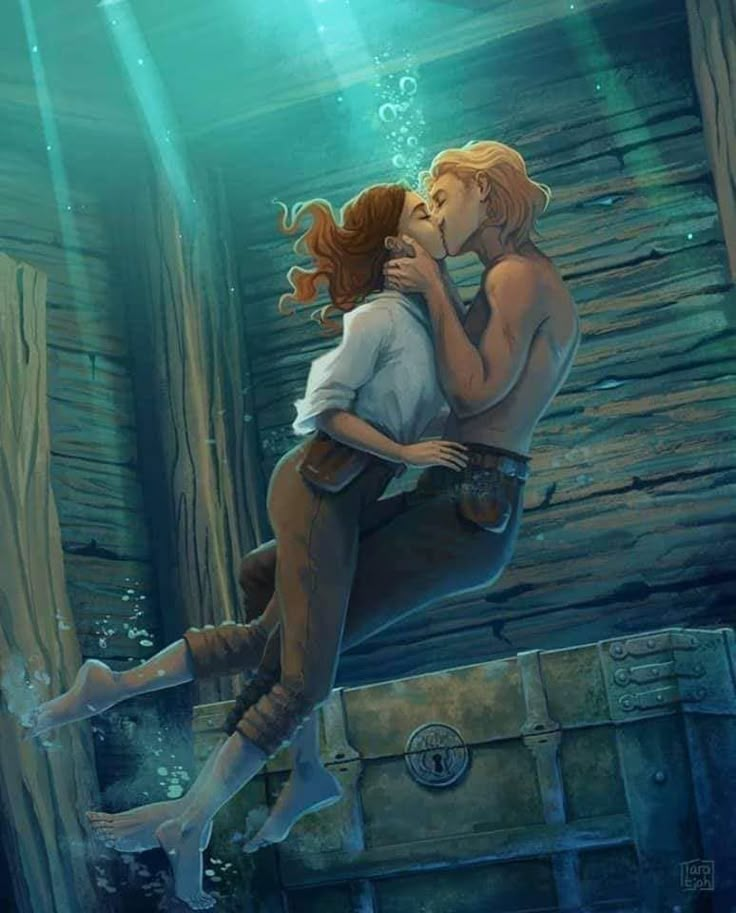 a painting of two people kissing under water