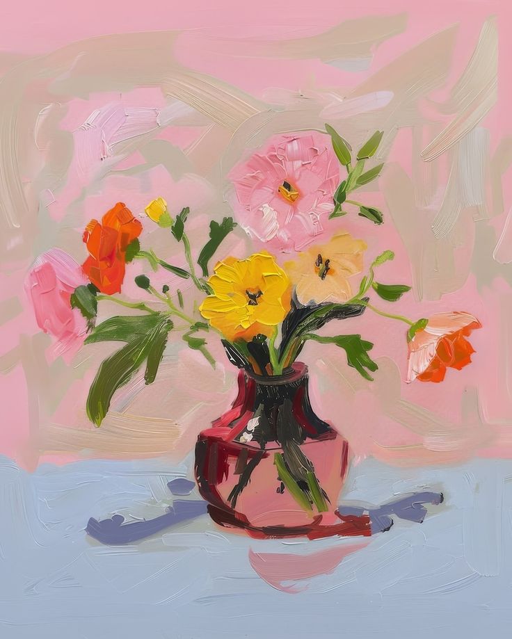 a painting of flowers in a vase on a blue tablecloth with pink and yellow background