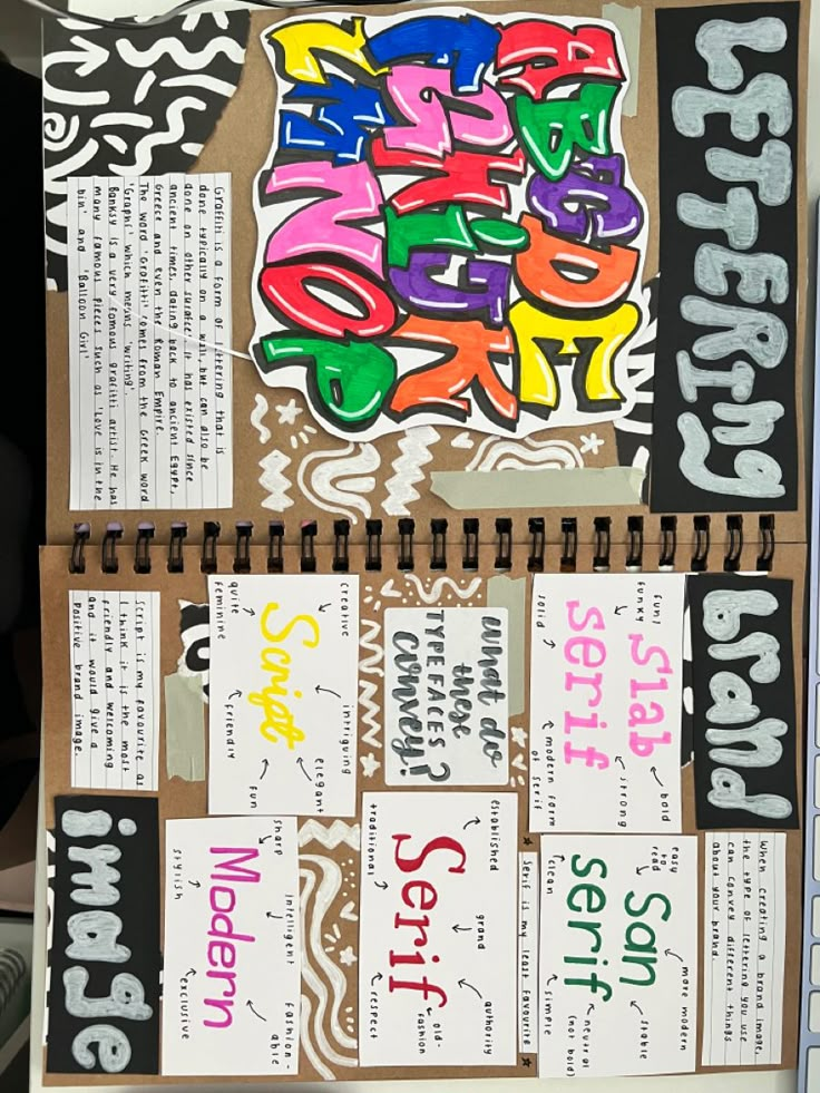 an open notebook with various stickers and writing on the pages, including letters that spell out